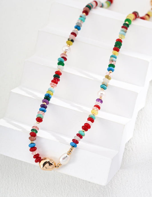 Pearl & Dopamine Color Stone Necklace - ALEART