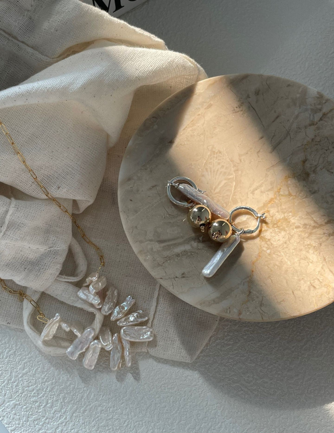 Golden Sphere & Baroque Pearl Earrings