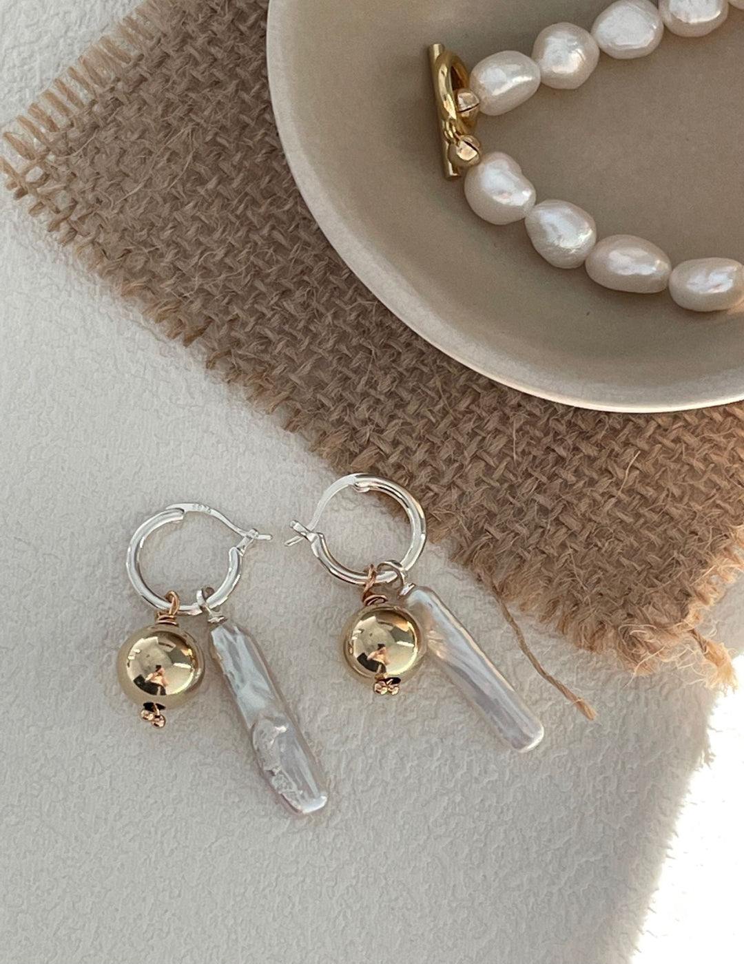 Golden Sphere & Baroque Pearl Earrings