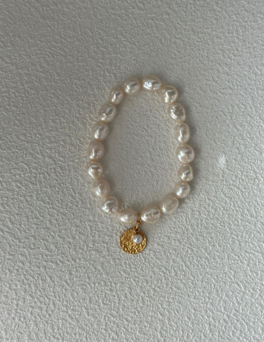 Handmade French Pearl Bracelet with 18K Gold-Plated Charm