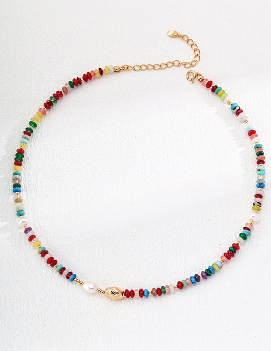 Pearl & Dopamine Color Stone Necklace - ALEART