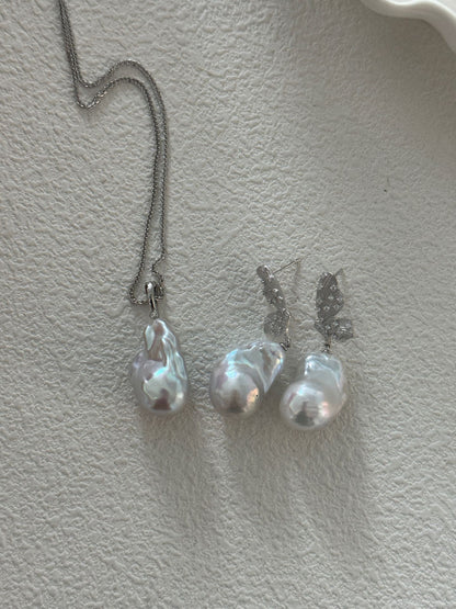 Silver Wings & Baroque Pearl Earrings