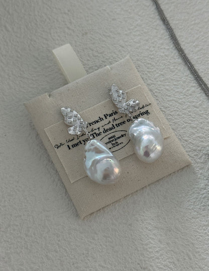 Silver Wings & Baroque Pearl Earrings