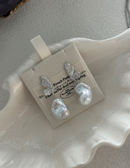 Silver Wings & Baroque Pearl Earrings