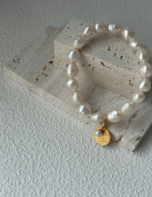 Handmade French Pearl Bracelet with 18K Gold-Plated Charm