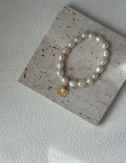 Handmade French Pearl Bracelet with 18K Gold-Plated Charm