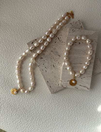 Handmade French Pearl Bracelet with 18K Gold-Plated Charm